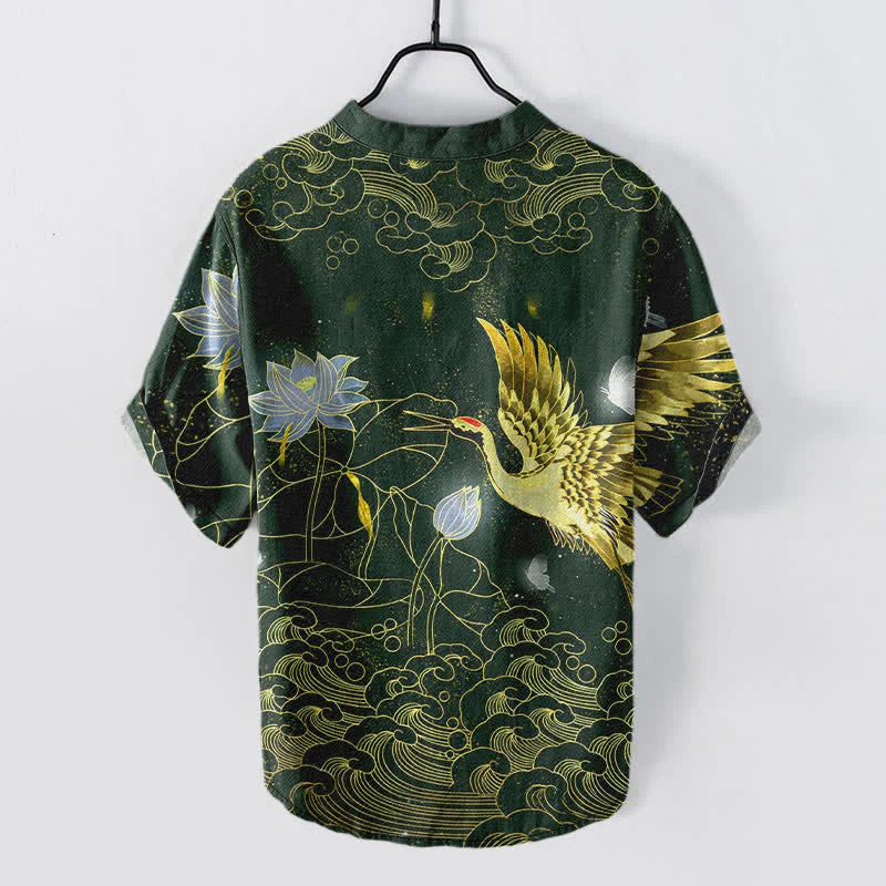 Buddha Stones Cotton Crane Wave Lotus Cloud Pattern Men's Short Sleeve Half Button Shirt
