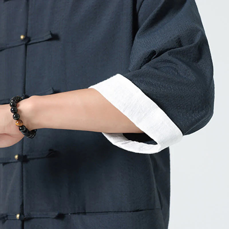 Buddha Stones Spring Solid Color Three Quarter Sleeve Tang Suit Men's Buttons Shirt With Pockets