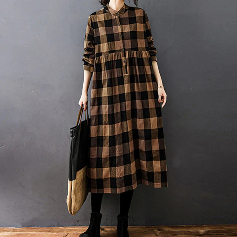 Buddha Stones Commute Patchwork Color Plaid Long Sleeve Cotton Midi Dress