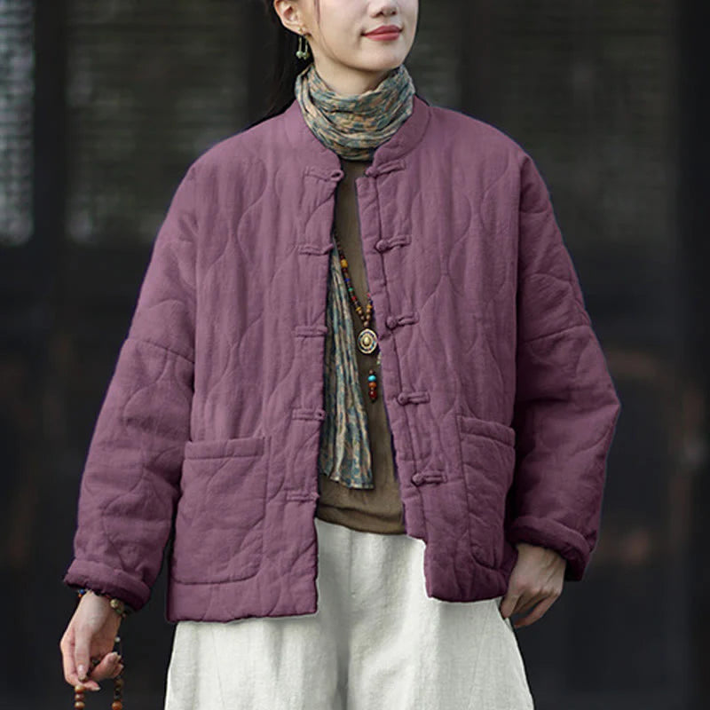 Buddha Stones Winter Curved Lines Frog-Button Ramie Cotton Long Sleeve Women's Thermal Jacket With Pockets