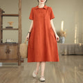 Buddha Stones Plain Jacquard Design Short Sleeve Cotton Linen Midi Dress With Pockets