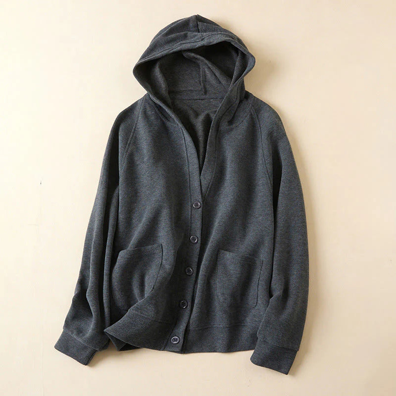 Buddha Stones Plain Buttons Women's Cotton Hooded Jacket With Pockets