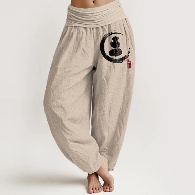 Buddha Stones Ensō Circle Stacked Stones Pattern Women's Elastic Waist Harem Cotton Pants