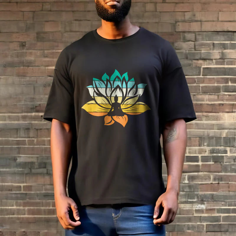 Buddha Stones Gradient-colored Lotus Flower Buddha Meditation Cotton Tee T-shirt