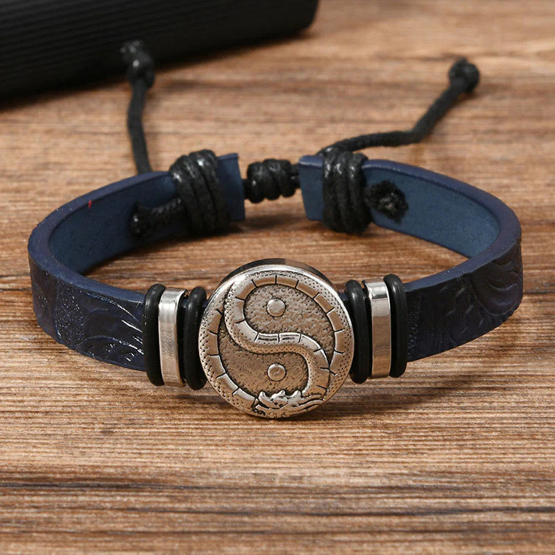FREE Today: Balance and Strength Round Engraved YIN YANG Dragon Leather Bracelet