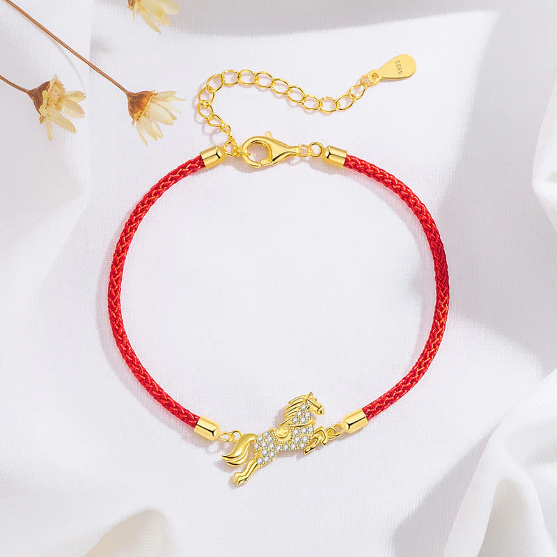 Buddha Stones Chinese Zodiac Year Of The Horse 925 Sterling Silver Golden Red String Luck Bracelet
