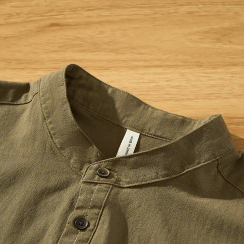 Buddha Stones Summer Solid Men's Half Button Short Sleeve Cotton Shirt