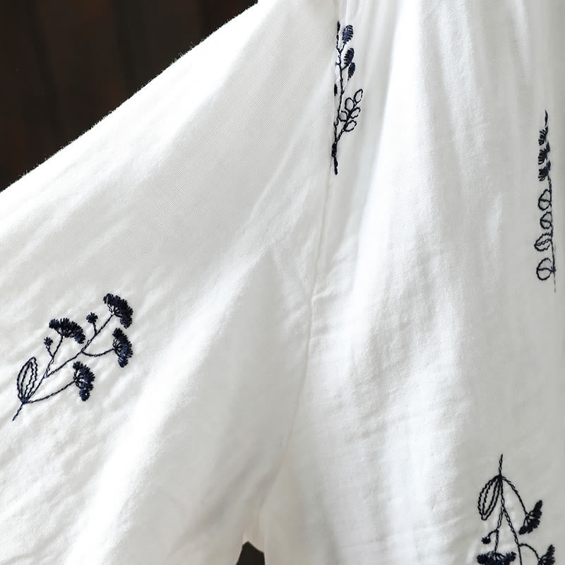 Buddha Stones Floral Embroidery Buttons Down Long Sleeve Women's Cotton Shirt