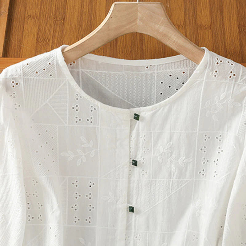 Buddha Stones Casual Embroidery Hollow Cotton Polyester Half Sleeve Women's Crew Neck Shirt