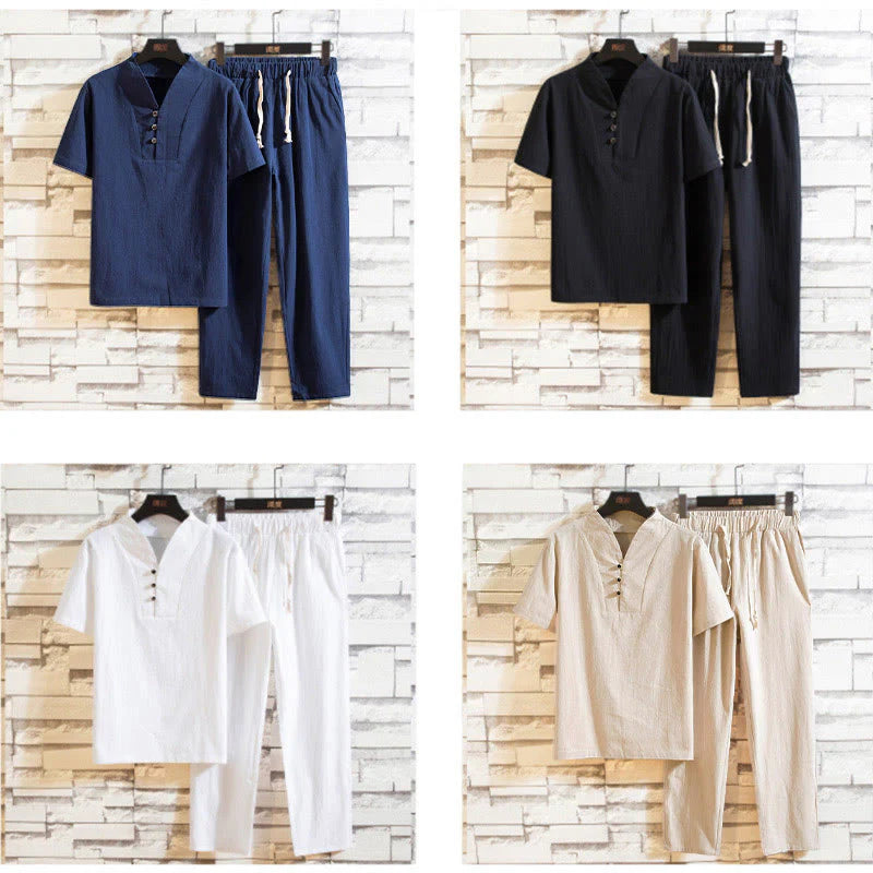 Buddha Stones 2Pcs Solid Color Cotton Button Short Sleeve T-shirt Pants Men's Set