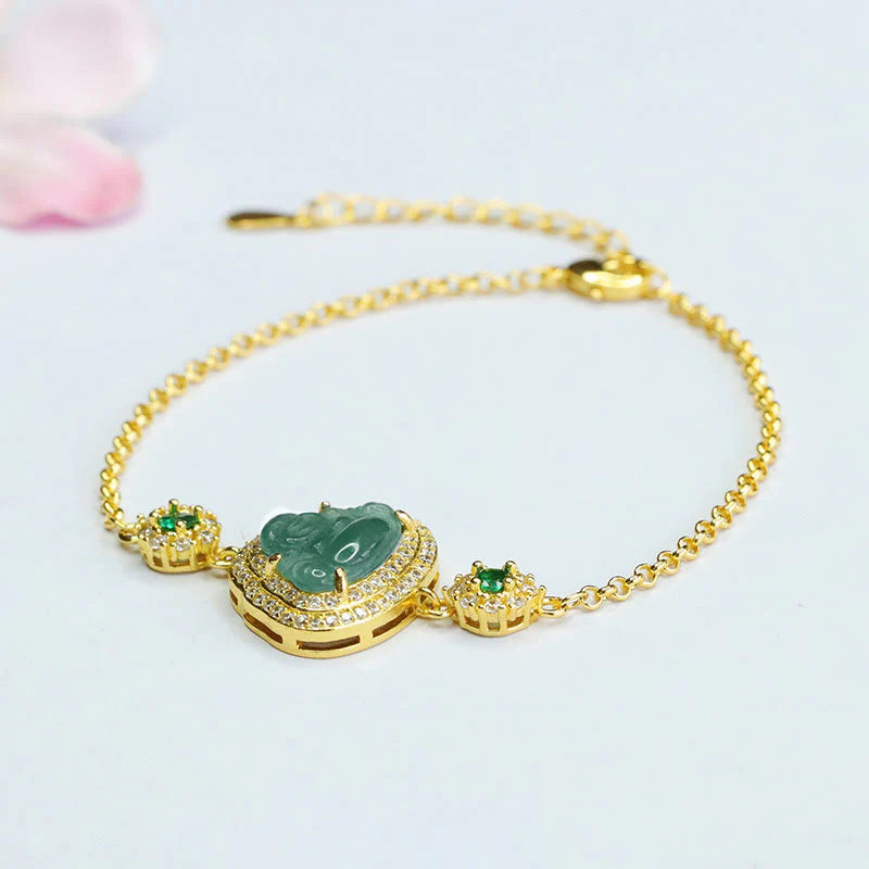 Buddha Stones Laughing Buddha Green Jade Zircon Luck Chain Bracelet