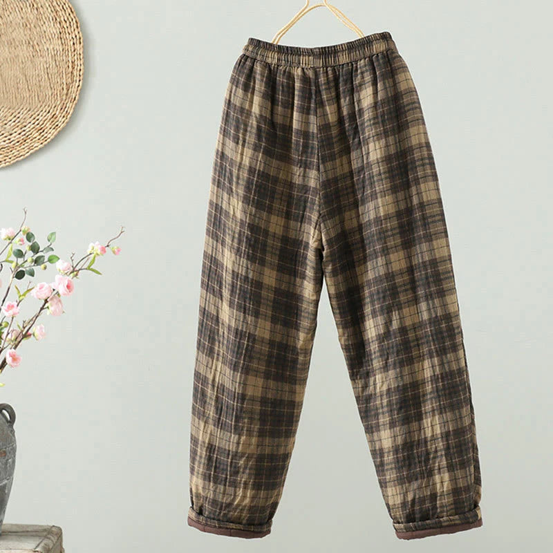 Buddha Stones Multi-color Plaid Pattern Cotton-padded Women's Harem Thermal Pants With Pockets