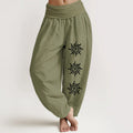 Buddha Stones Solid Color Pure Cotton Sun Om Symbol Pattern Women's Elastic Waist Harem Pants