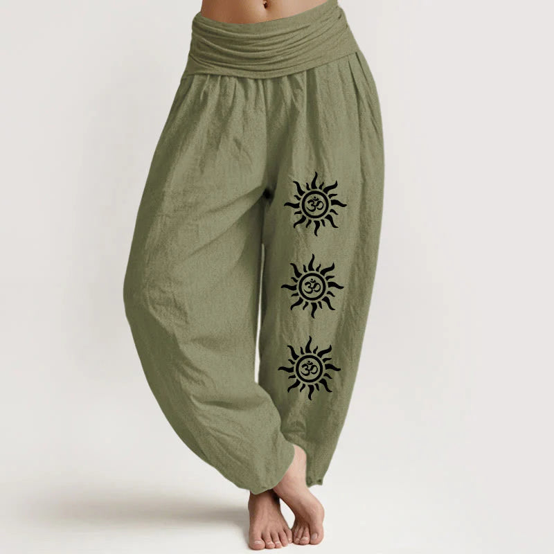 Buddha Stones Solid Color Pure Cotton Sun Om Symbol Pattern Women's Elastic Waist Harem Pants