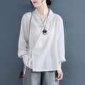 Buddha Stones Casual Solid Color Frog Button Long Sleeve Zen Cotton Linen Women's Shirt