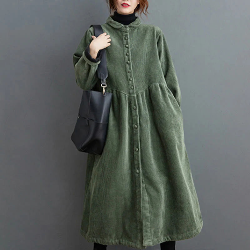 Buddha Stones Plain Buttons Long Sleeve Women's Cotton Corduroy Fleece-Lined Coat With Pockets