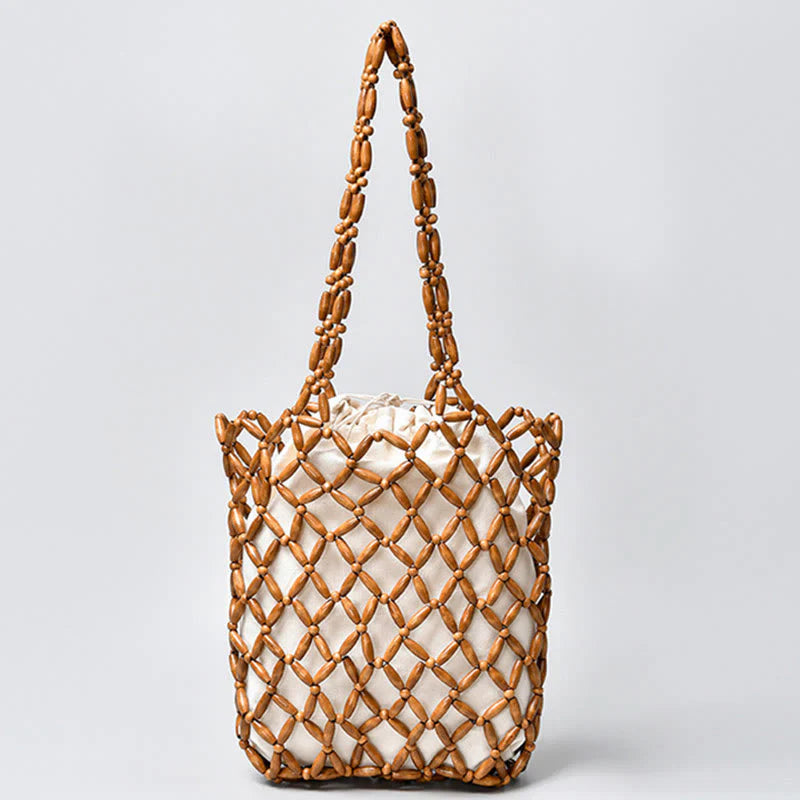 Buddha Stones Hand-woven Wooden Beads Shoulder Bag Handbag