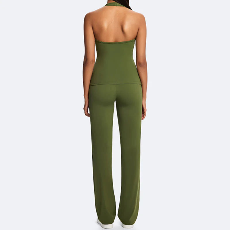 Buddha Stones Solid Crop Halter Backless Sleeveless Top Straight Leg Pants For Sports Fitness Yoga
