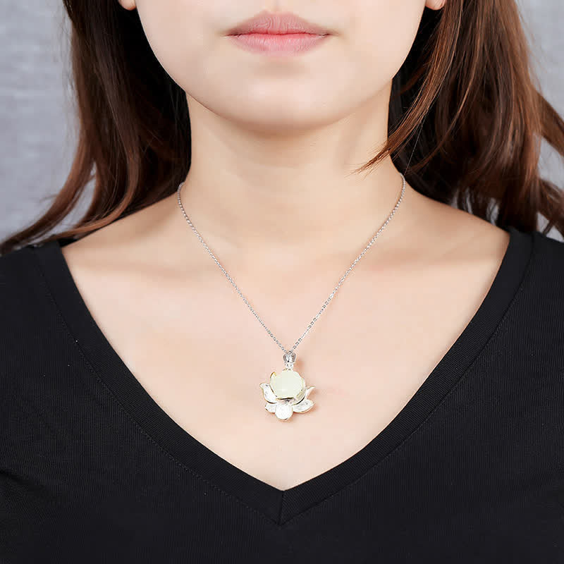 Buddha Stones White Jade Lotus Flower Happiness Necklace
