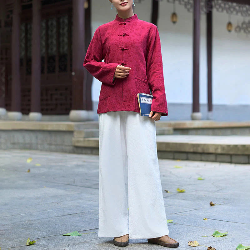 Buddha Stones Frog-Button Long Sleeve Cotton Jacquard Women's Shirt Pants With Pockets