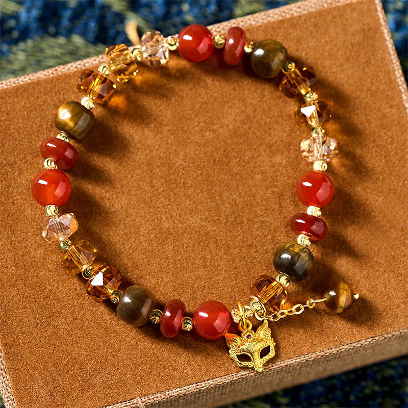 Buddha Stones Red Agate Tiger Eye Fox Charm Calm Beaded Bracelet