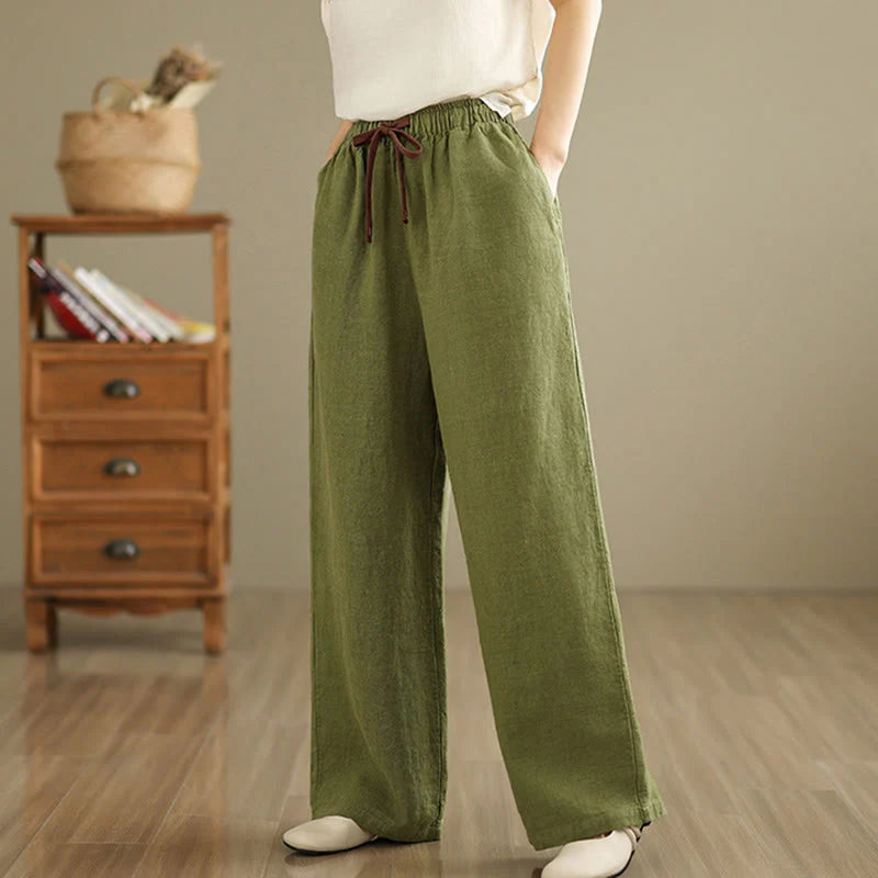 Buddha Stones Commute Retro Solid Color Women's Harem Drawstring Cotton Pants With Pockets