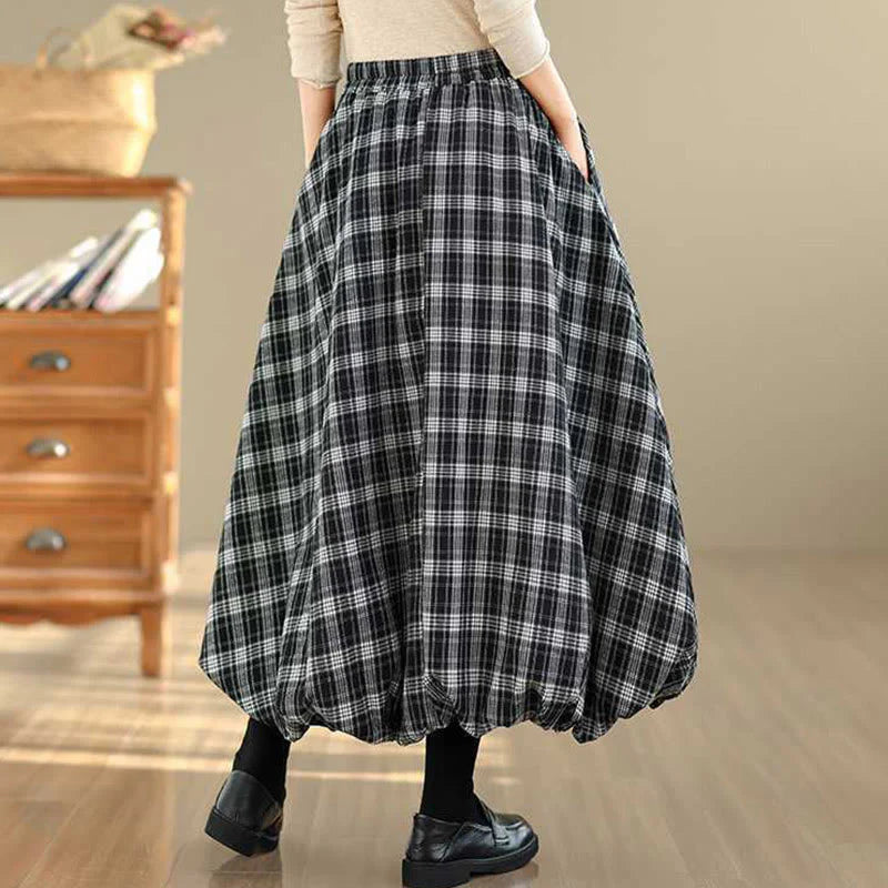 Buddha Stones Women's Plaid Pattern Cotton Skirt With Pockets