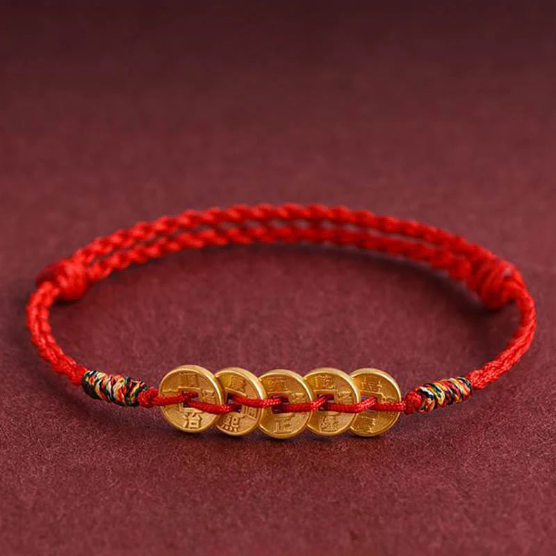 Buddha Stones Five Copper Coins Design Braided String Protection Bracelet Anklet