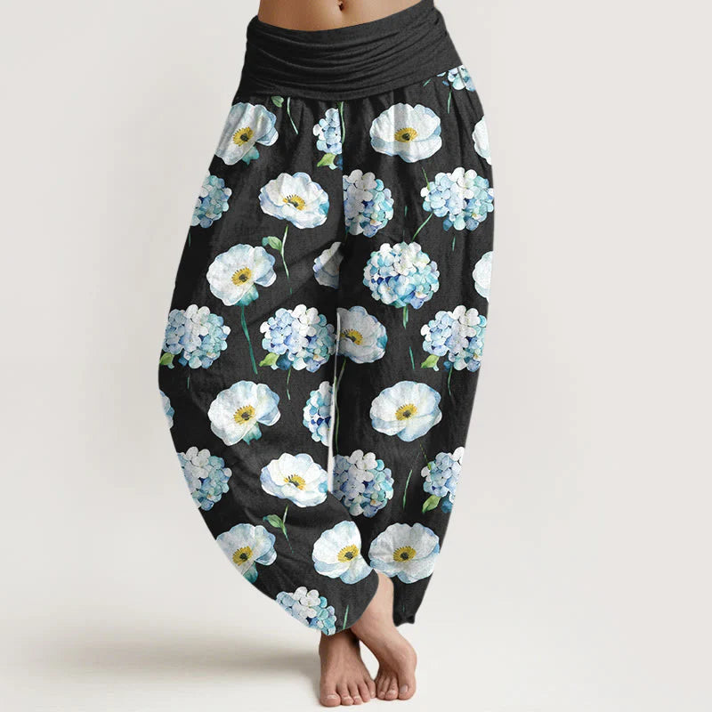 Buddha Stones Cotton Fresh Elegant Flower Pattern Women's Elastic Waist Harem Pants