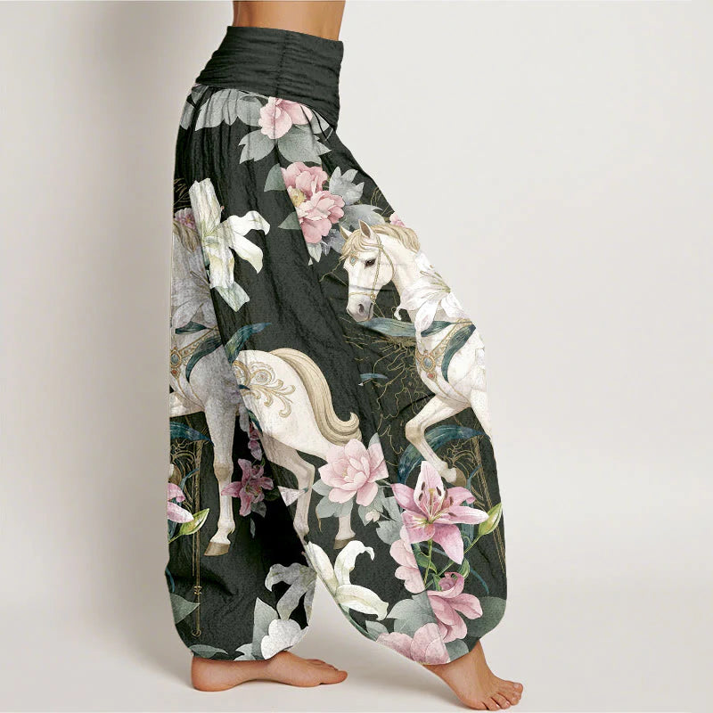 Buddha Stones Pure Cotton Romantic Horse Lily Peony Pattern Women's Elastic Waist Harem Pants