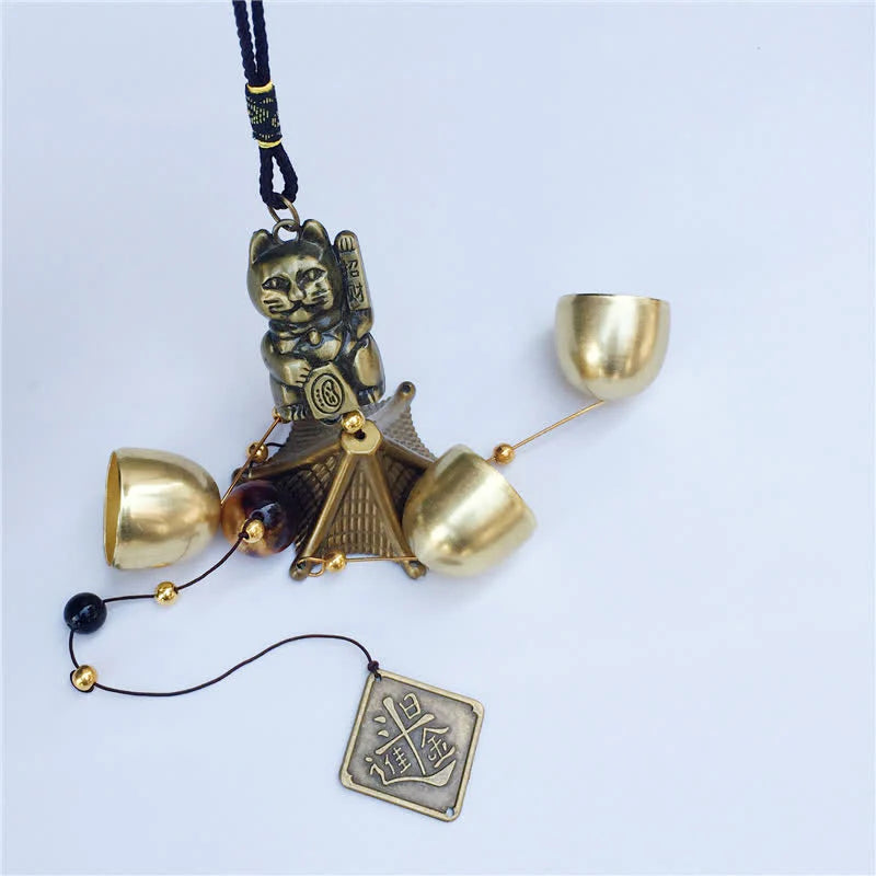 Buddha Stones Auspicious Wealth Cat Wall Hanging Chime Bell Copper Luck Handmade Home Decoration