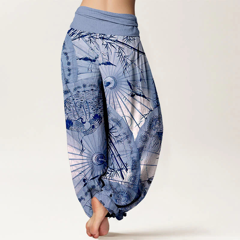 Buddha Stones Pure Cotton Umbrella Crane Bamboo Pattern Women's Elastic Waist Harem Pants