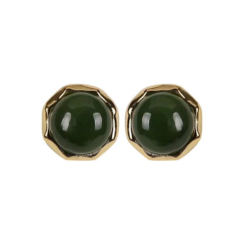Buddha Stones 925 Sterling Silver Plated Gold Natural Hetian Cyan Jade Bead Luck Stud Earrings