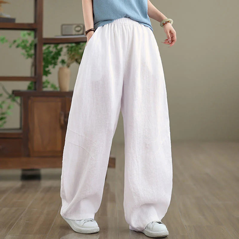 Buddha Stones Casual Plain Cotton Women's Wide Leg Pants With Pockets