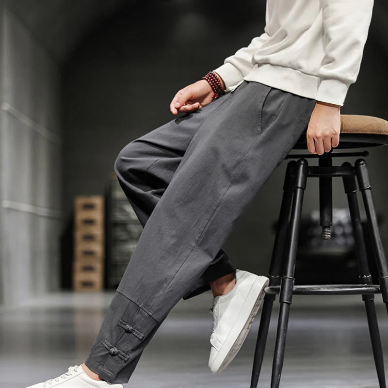 Buddha Stones Drawstring Elastic Waist Frog-Button Ankle-Length Men's Cotton Pants With Pockets