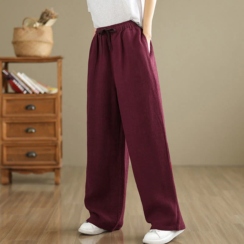 Buddha Stones Commute Retro Solid Color Women's Harem Drawstring Cotton Pants With Pockets