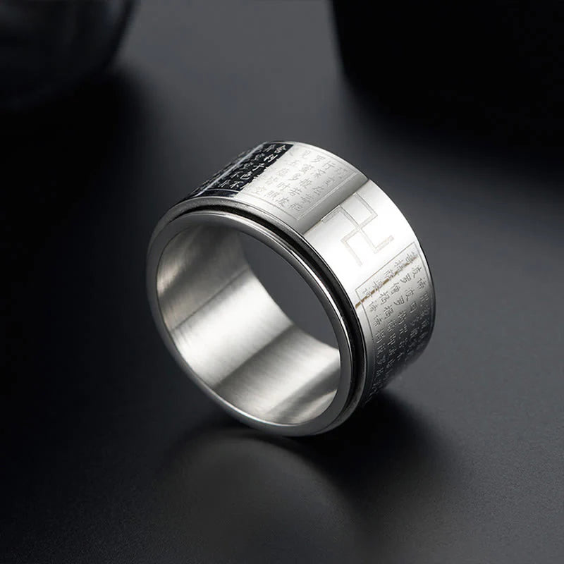 Buddha Stones Heart Sutra Swastika Titanium Steel Luck Rotatable Ring
