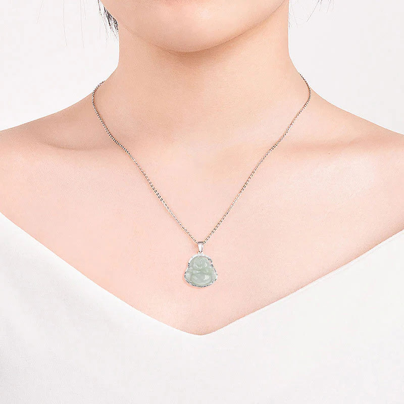 Buddha Stones Laughing Buddha Jade Luck Calm Titanium Steel Chain Necklace Pendant