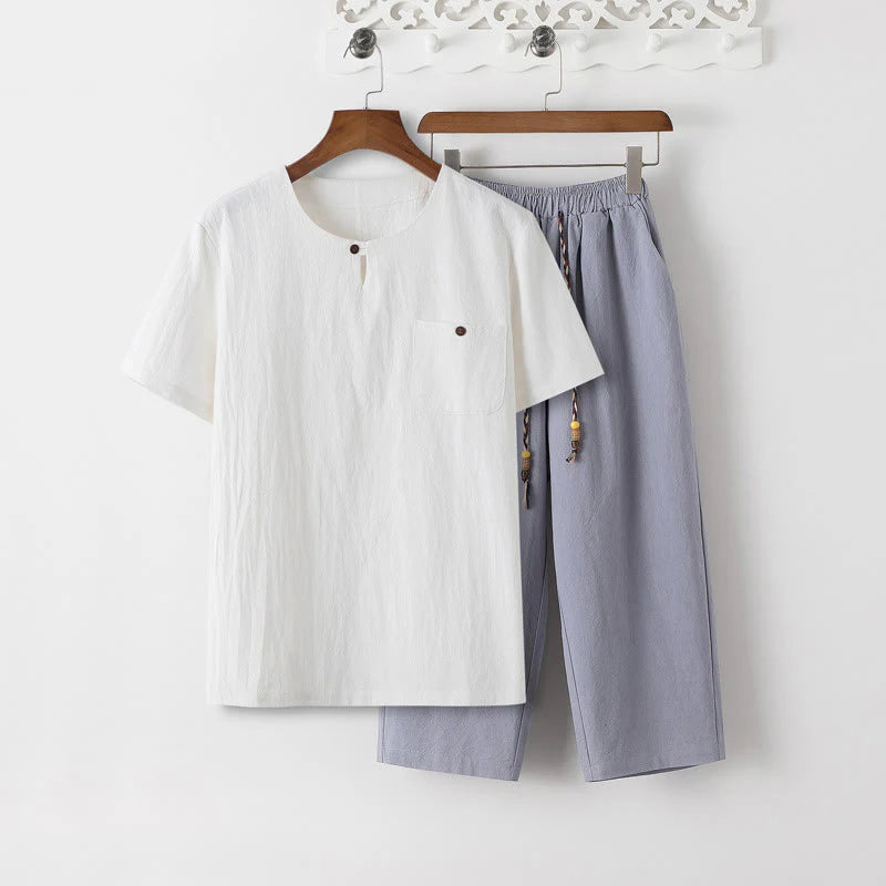 Buddha Stones Summer 2Pcs Plain Short Sleeve T-Shirt 7-8 Length Pants Cotton Linen Tang Suit Men's Meditation Cloth Set With Pockets
