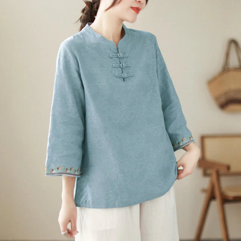 Buddha Stones Jacquard Frog-button Stand Collar Embroidered Three Quarter Sleeve Design Women's Cotton Shirt