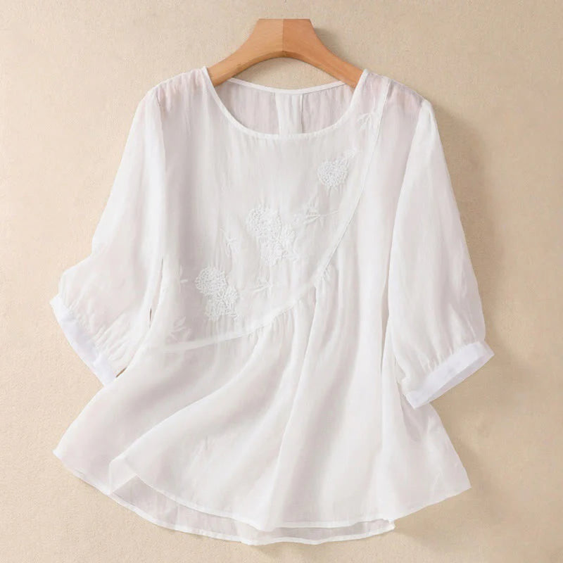 Buddha Stones Embroidered Flower Crew Neck Design Women's Cotton Linen Half Sleeve Shirt