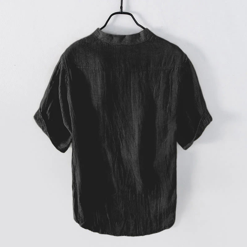 Buddha Stones Solid Color Short Sleeve Half Button Shirt Cotton Linen Men Clothing