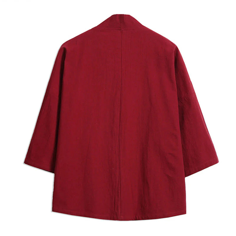 Buddha Stones White Crane Auspicious Clouds Embroidery Three Quarter Sleeve Men's Kimono