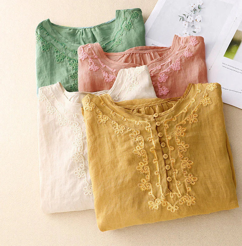 Buddha Stones Casual Women's Plain Frog Buckle Design Half Sleeve Shirt