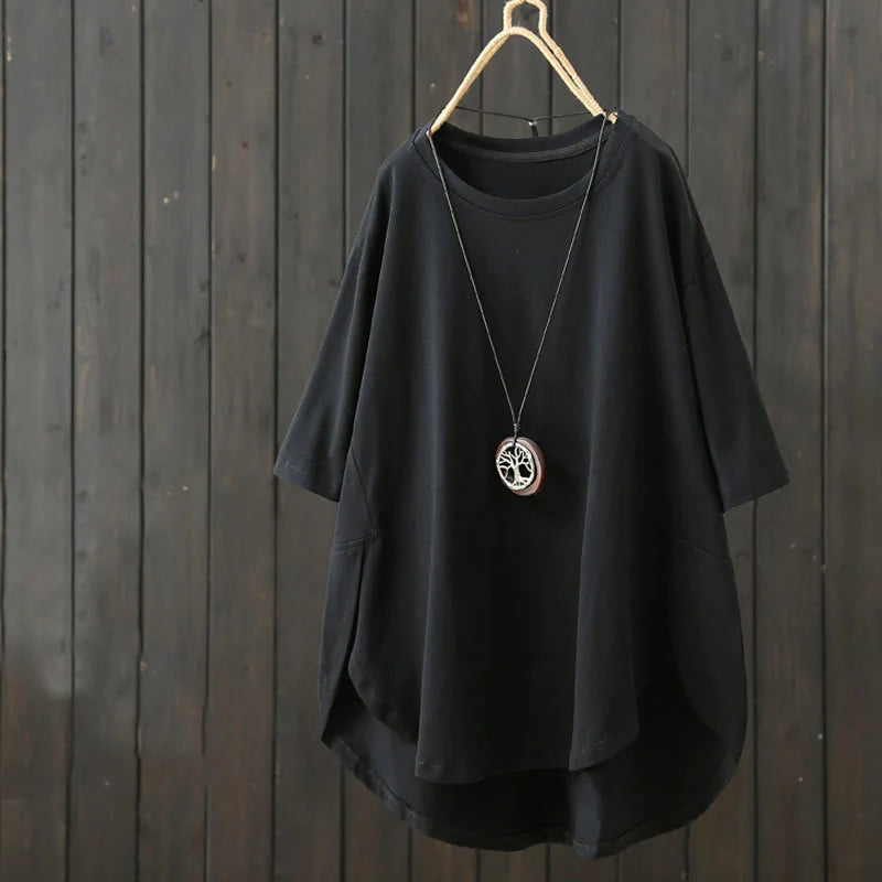 Buddha Stones Casual Loose Summer Plain Crew Neck Women's  Cotton Short Sleeve T-shirt