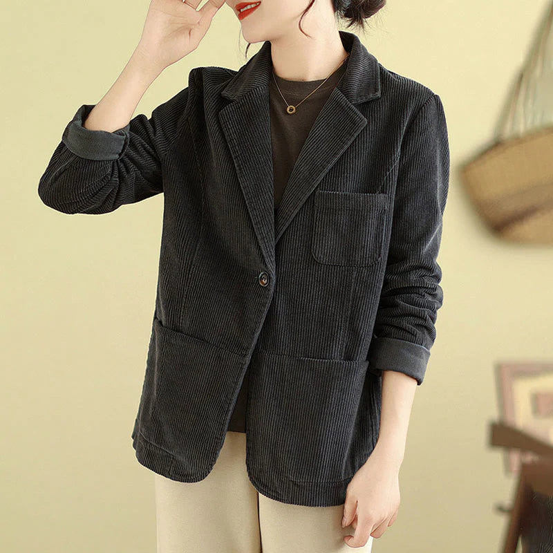 Buddha Stones Retro Plain Women's Long Sleeve Corduroy Jacket With Pockets