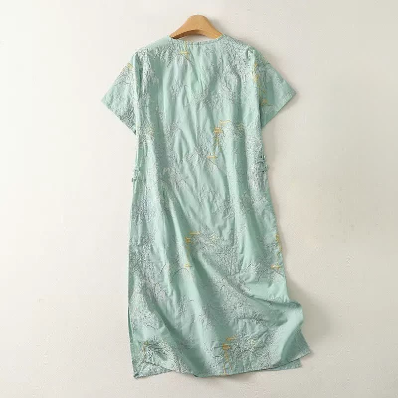 Buddha Stones Summer V-Neck Floral Design Short Sleeve Cotton Midi Dress With Pockets
