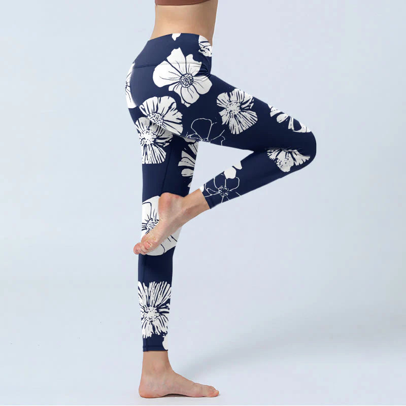 Buddha Stones Large White Petals Plants Pattern Print Gym Leggings Women's Yoga Pants