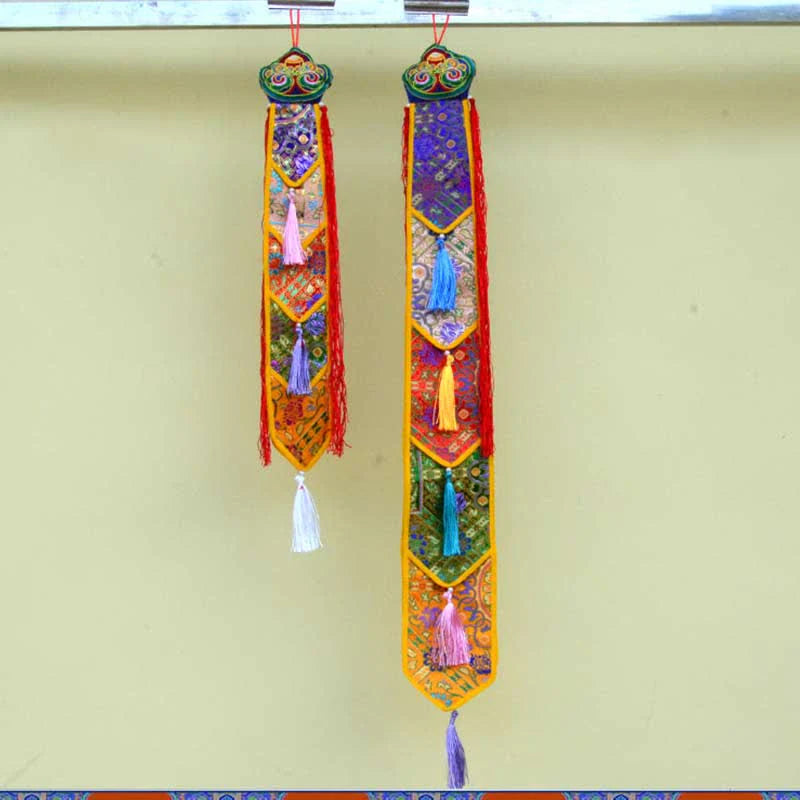 Buddha Stones Lotus Flower Eight Auspicious Symbols Meditation Enlightenment Colorful Tassels Wall Art