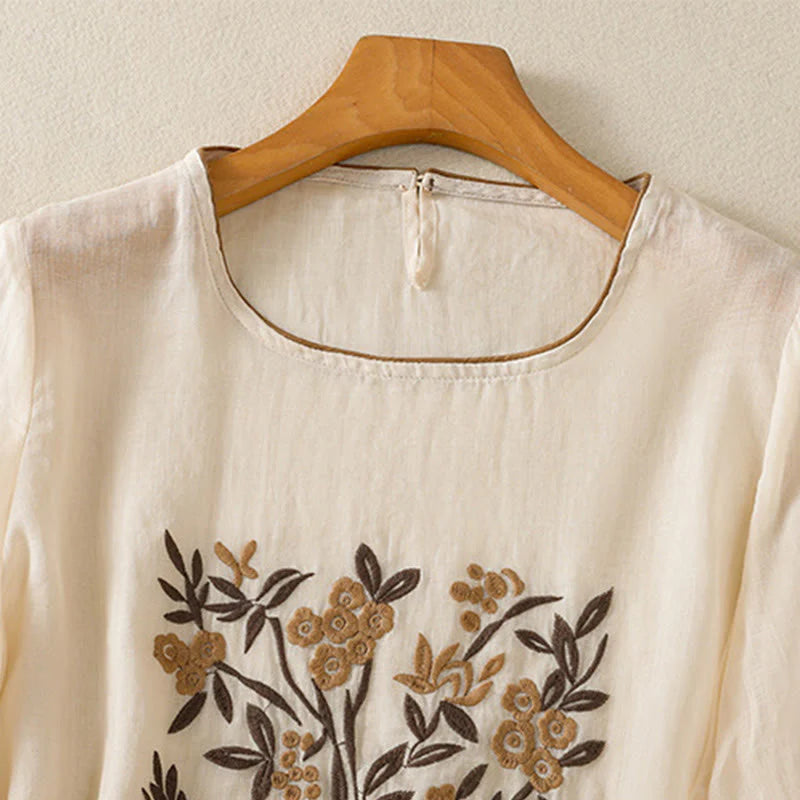 Buddha Stones Retro Embroidery Floral Three Quarter Sleeve Women's Cotton T-Shirt